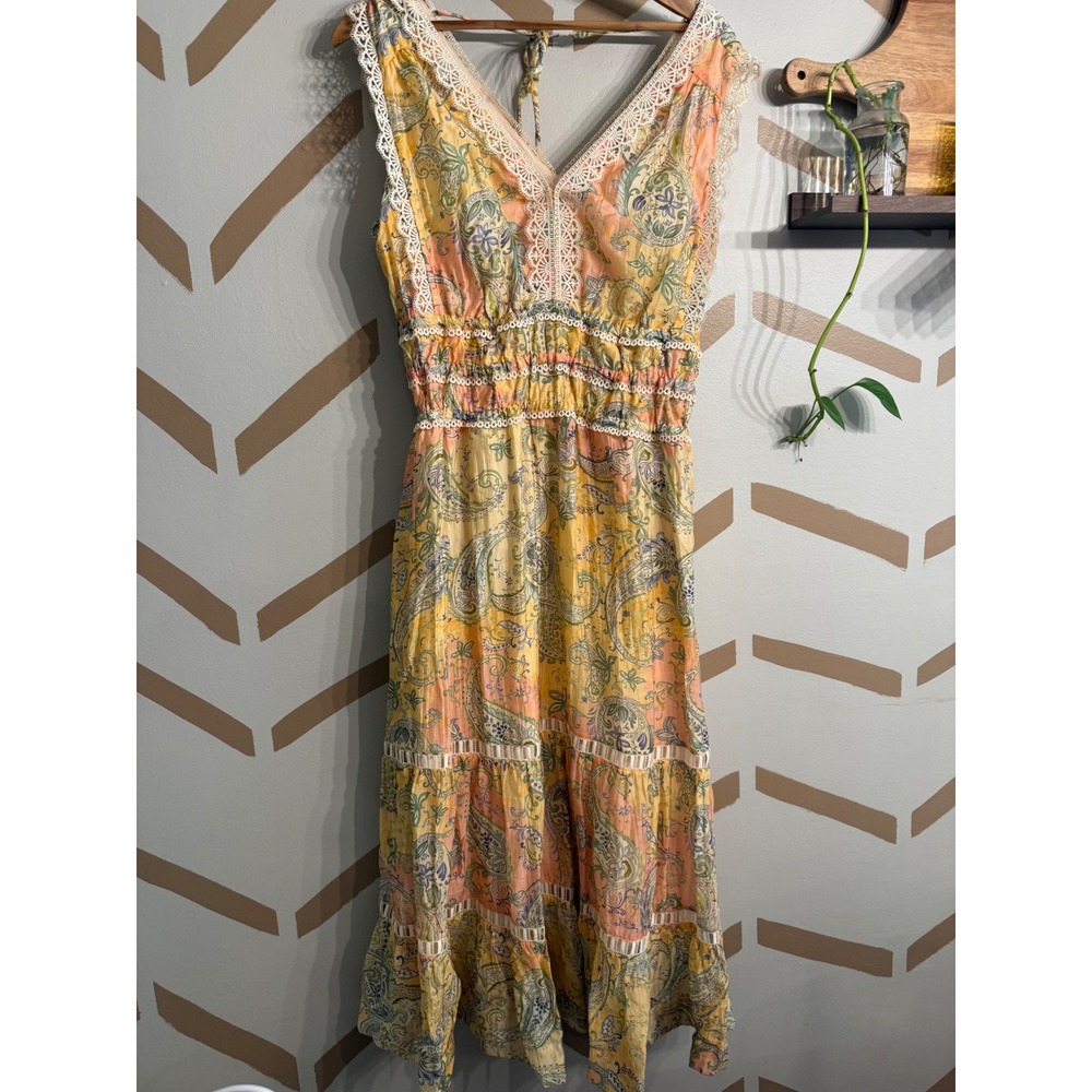 Petite Muse Midi Dress Womens MP Yellow Paisley Boho Lace Tiered Smocked 96948SH